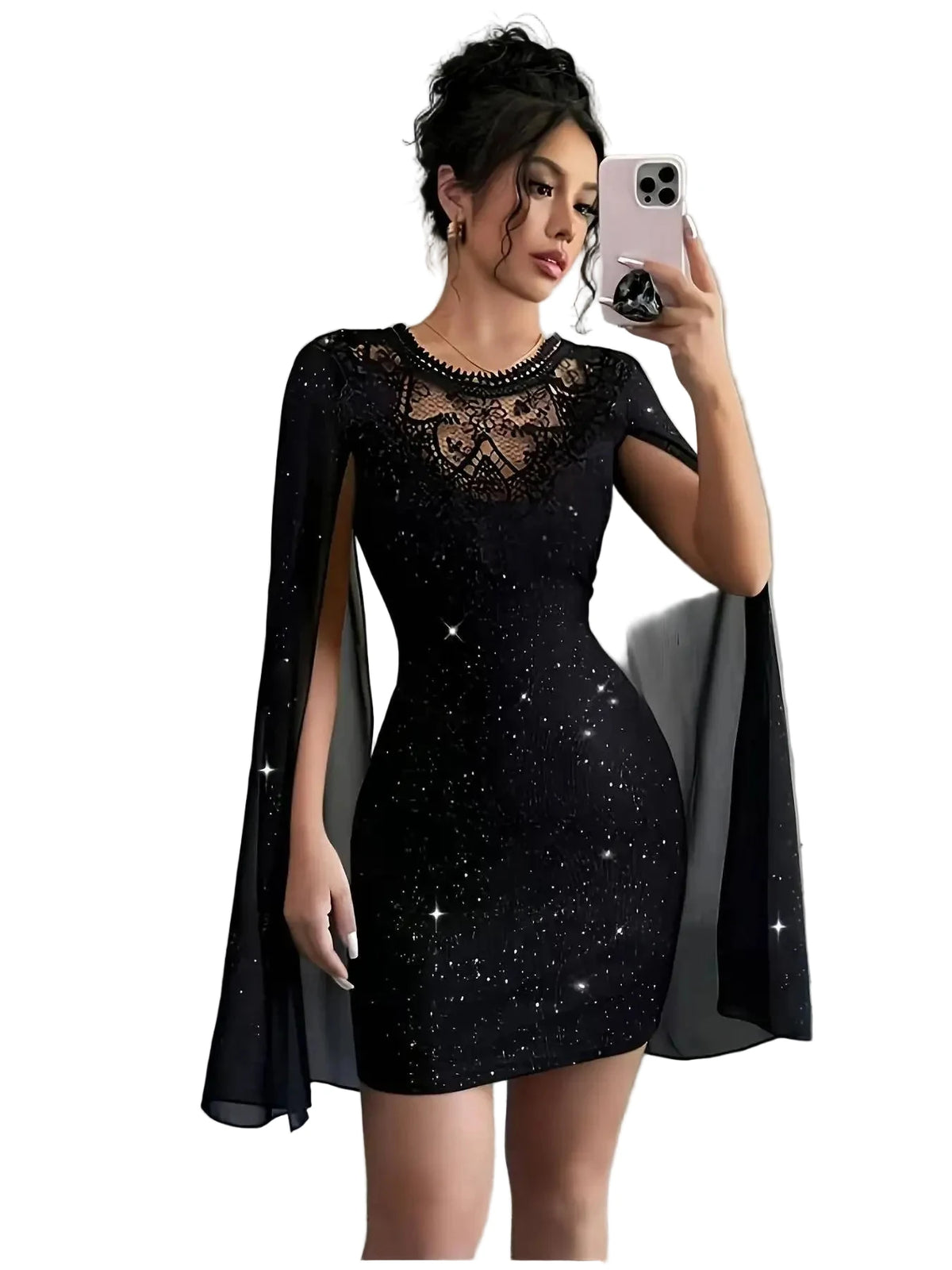 Glamorous Black Glitter Mini Dress with Sheer Lace Yoke and Flowing Cape Sleeves