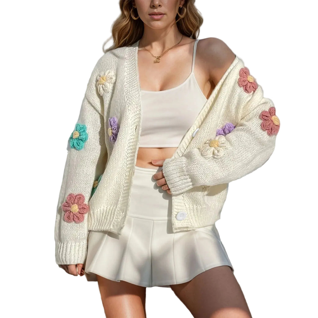 Women's Floral Pattern Button Front Cropped Knit Cardigan with Relaxed Fit