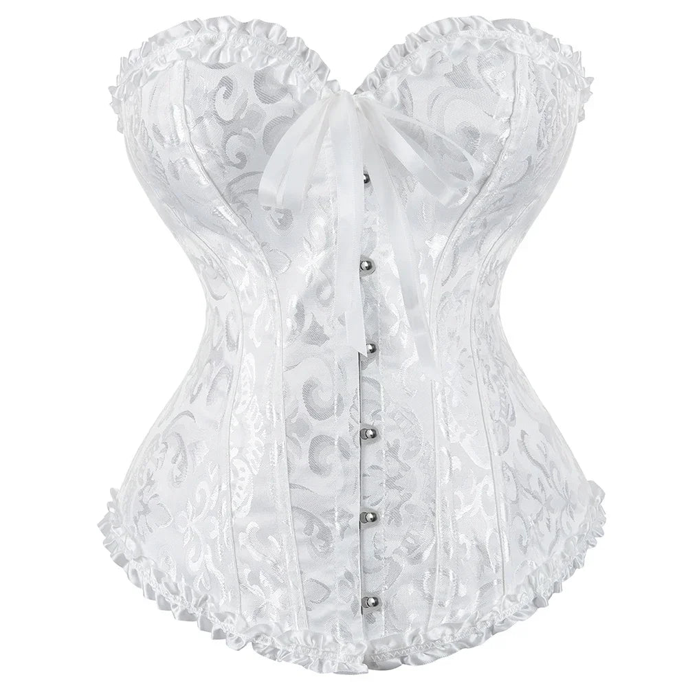 Vintage Floral Jacquard Corset Top with Sweetheart Neckline and Lace-Up Detail