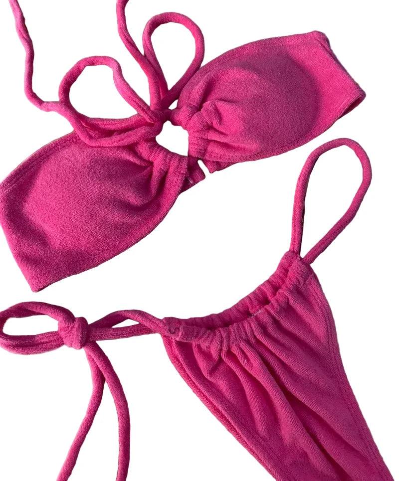Textured Fuchsia Terry Cloth Bikini with Center Ring Detail and Side-Tie Bottom