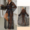 Dramatic Floor-Length Sheer Floral Lace Robe with Long Sleeves and Satin-Style Belt