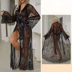 Dramatic Floor-Length Sheer Floral Lace Robe with Long Sleeves and Satin-Style Belt