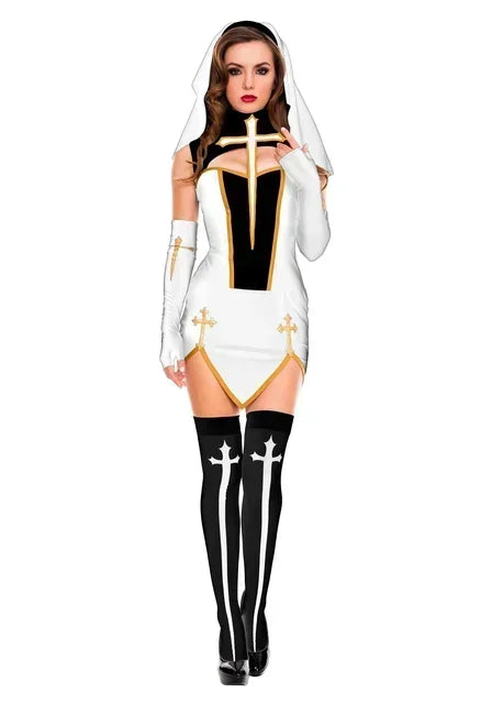 Theatrical Habit-Inspired Mini Dress with Striking Cross Embellishments and Coordinated Headpiece