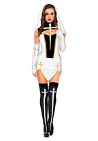 Theatrical Habit-Inspired Mini Dress with Striking Cross Embellishments and Coordinated Headpiece
