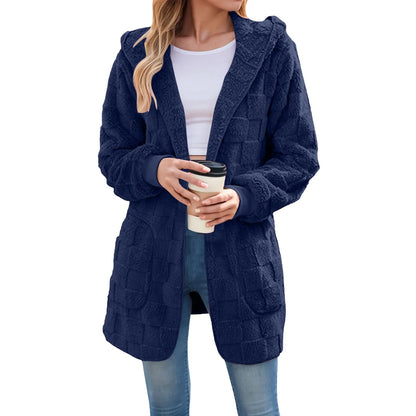 Women's Longline Hooded Plush Fleece Cardigan Jacket for Cozy Everyday Layering