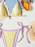 Playful Yellow Plaid Triangle Bikini with Pink Ruffle Trim