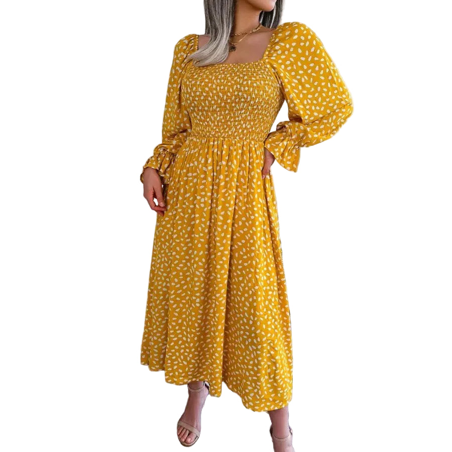 Square Neck Polka Dot Maxi Dress with Long Sleeves and Flowy Silhouette