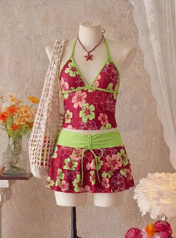 Light Blue Floral Halter Tankini Set with Tiered Ruffle Skirt