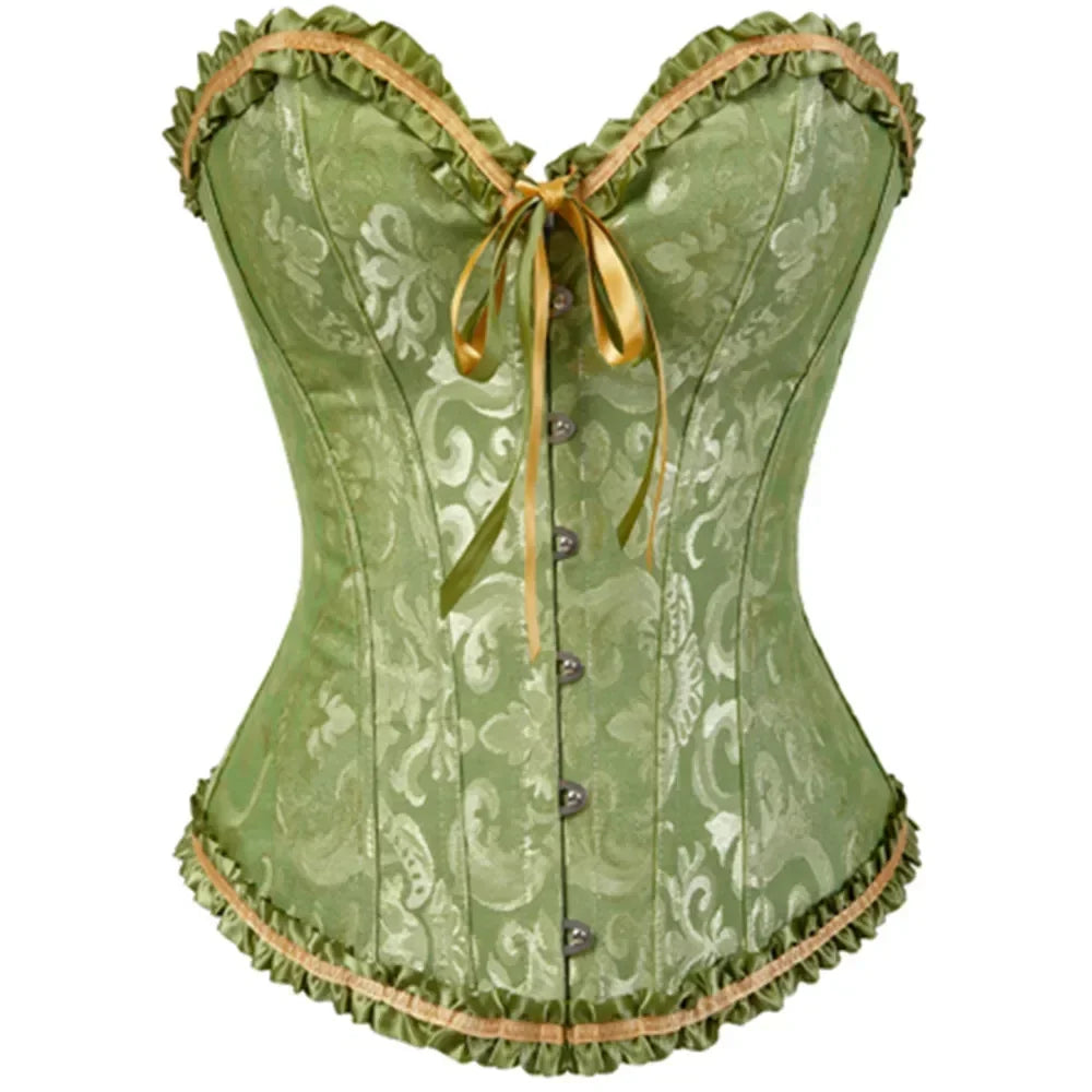 Floral Lace Overbust Corset with Structured Boning and Decorative Bow Detail