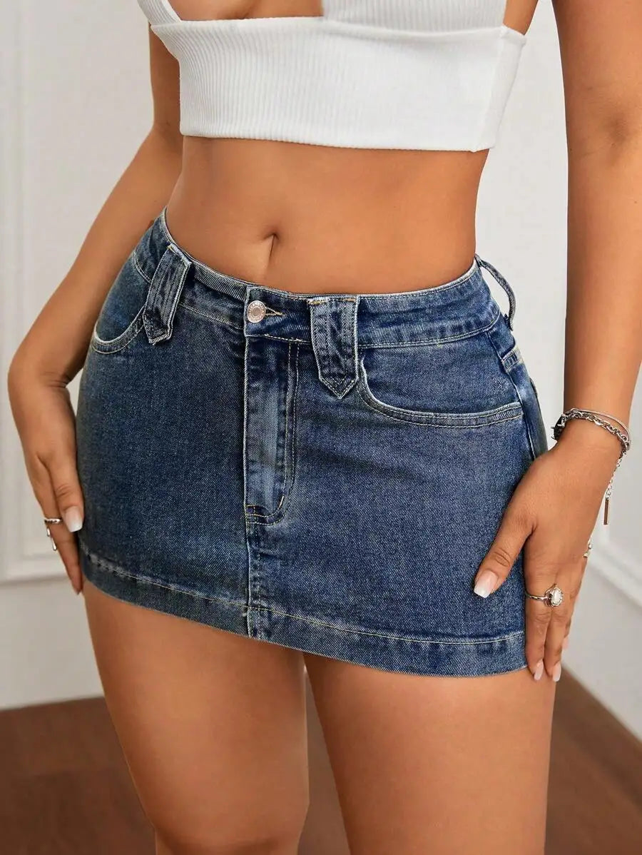 Washed Denim Bodycon Mini Skirt with Front Pockets and Slim Fit