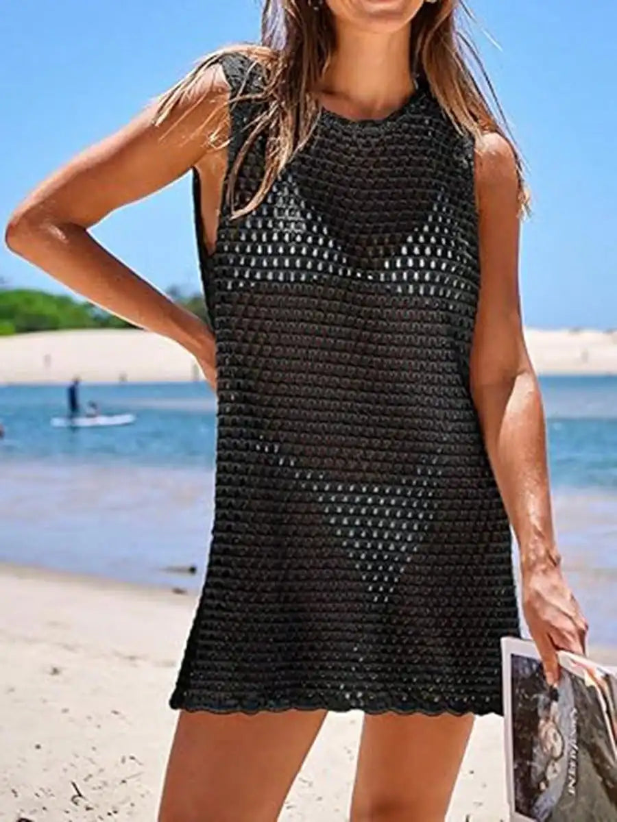 Black Crochet Backless Beach Cover-Up Dress with Hollow-Out Knit Design, Sleeveless Silhouette and Mini Length