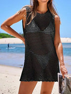 Black Crochet Backless Beach Cover-Up Dress with Hollow-Out Knit Design, Sleeveless Silhouette and Mini Length
