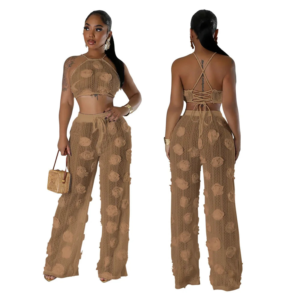 Floral Applique Crop Top and Wide Leg Pants Statement Co-Ord Set