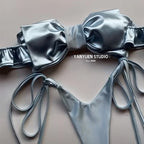Metallic Pink Bandeau Bikini with Oversized Center Bow and Ruffled Trim