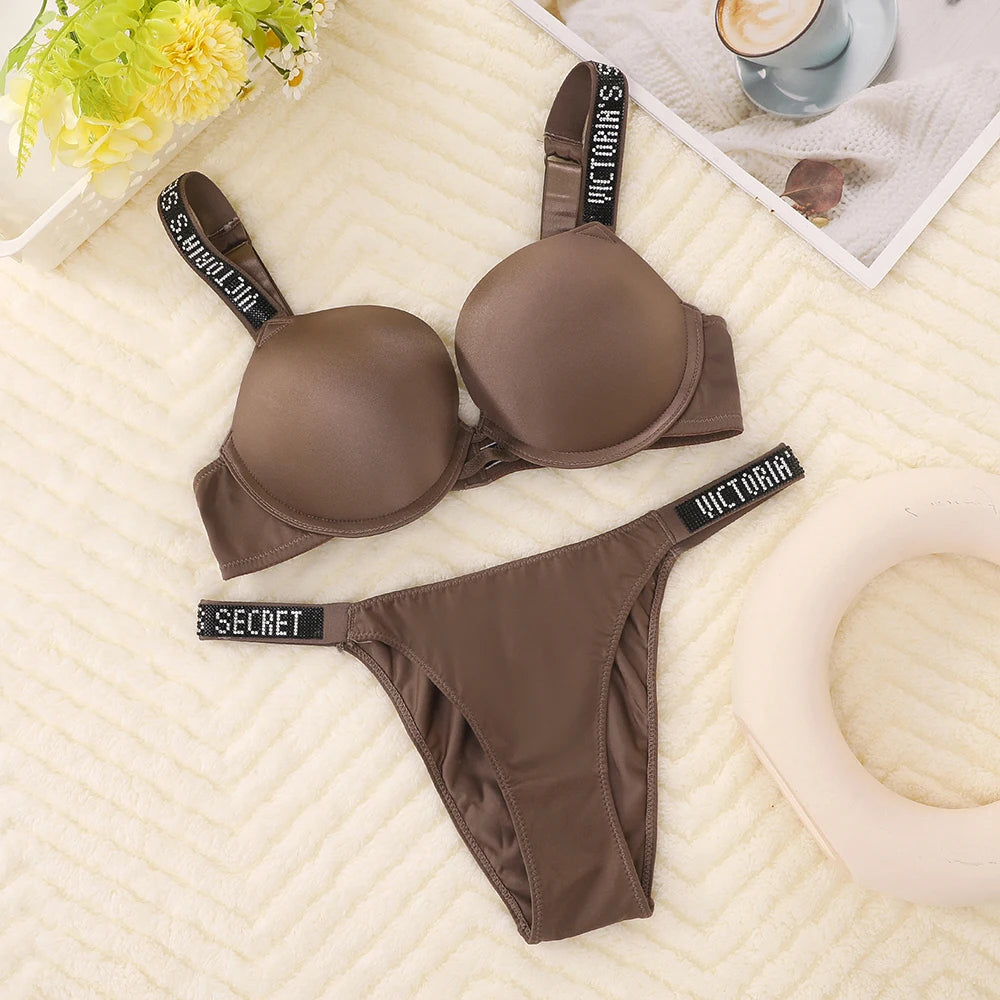 Rhinestone Statement Strap Push-Up Bra and Matching Minimalist Thong Set