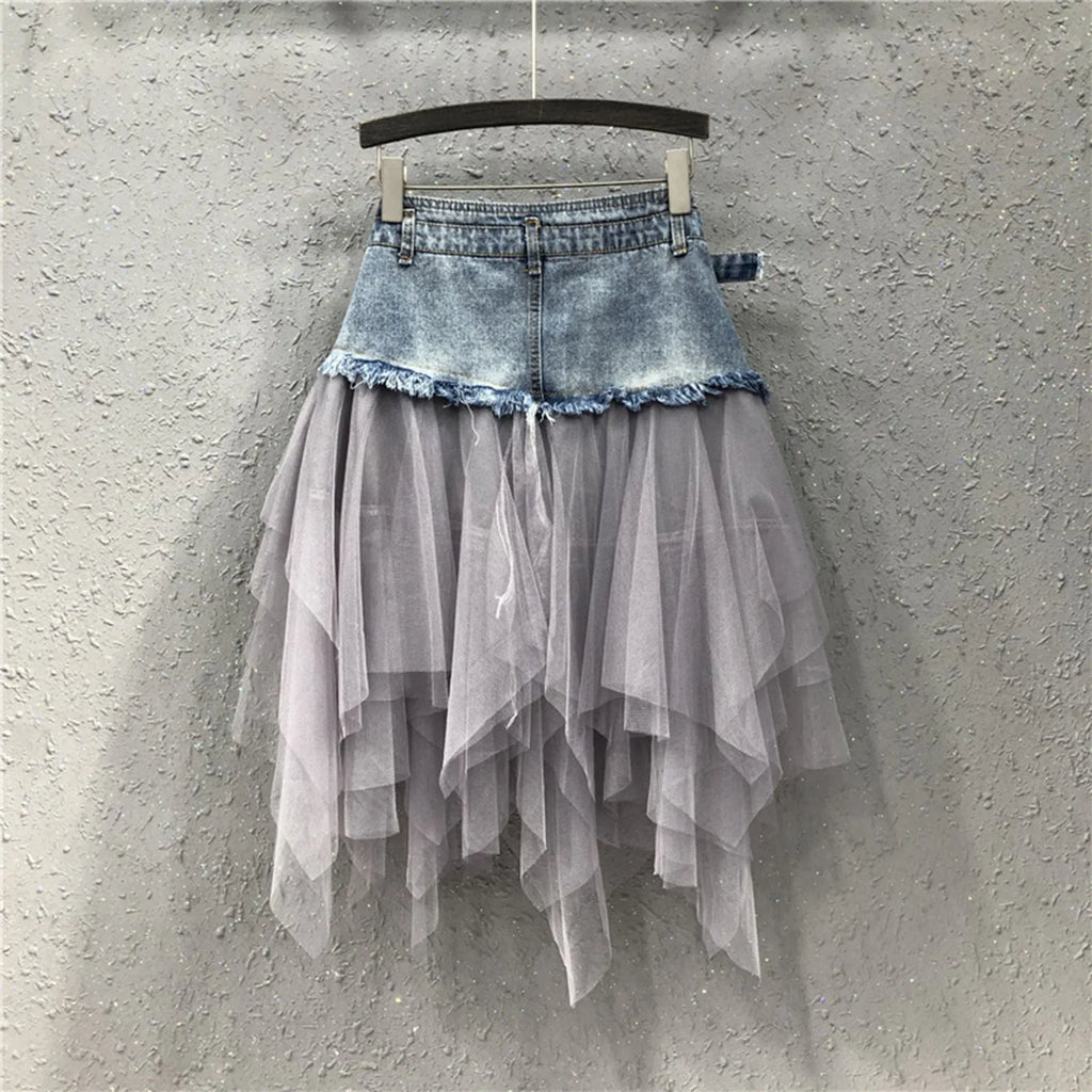 Denim Layered Mesh Asymmetrical Mini Skirt High Waist Alternative Fashion Bottom