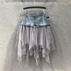 Denim Layered Mesh Asymmetrical Mini Skirt High Waist Alternative Fashion Bottom