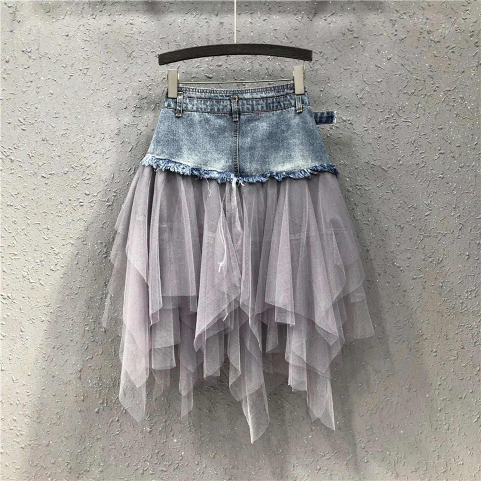 Denim Layered Mesh Asymmetrical Mini Skirt High Waist Alternative Fashion Bottom