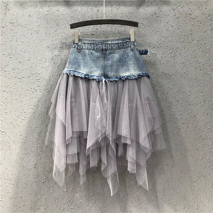Denim Layered Mesh Asymmetrical Mini Skirt High Waist Alternative Fashion Bottom