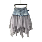 Layered Denim Waist Asymmetric Mesh Mini Skirt With Y2K Styling