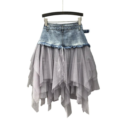 Layered Denim Waist Asymmetric Mesh Mini Skirt With Y2K Styling