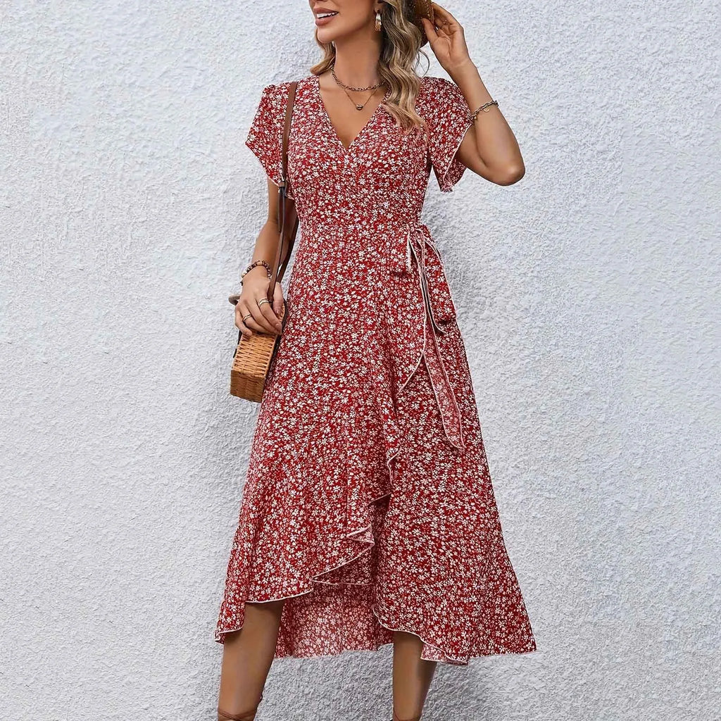 Printed Ruffle Hem Midi Dress with Relaxed A-Line Silhouette