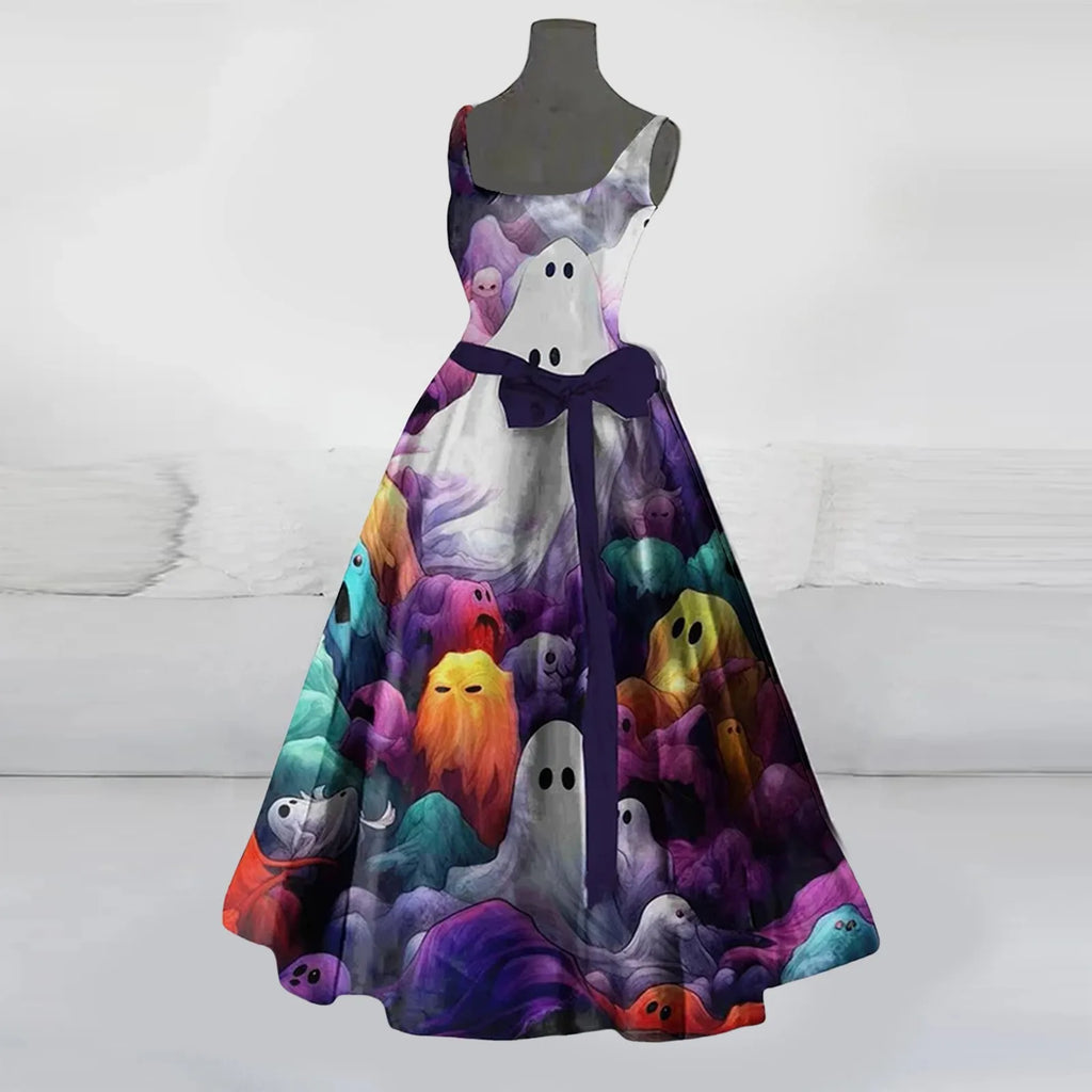 Halloween Splatter Print Flared Swing Dress with Waist Bow