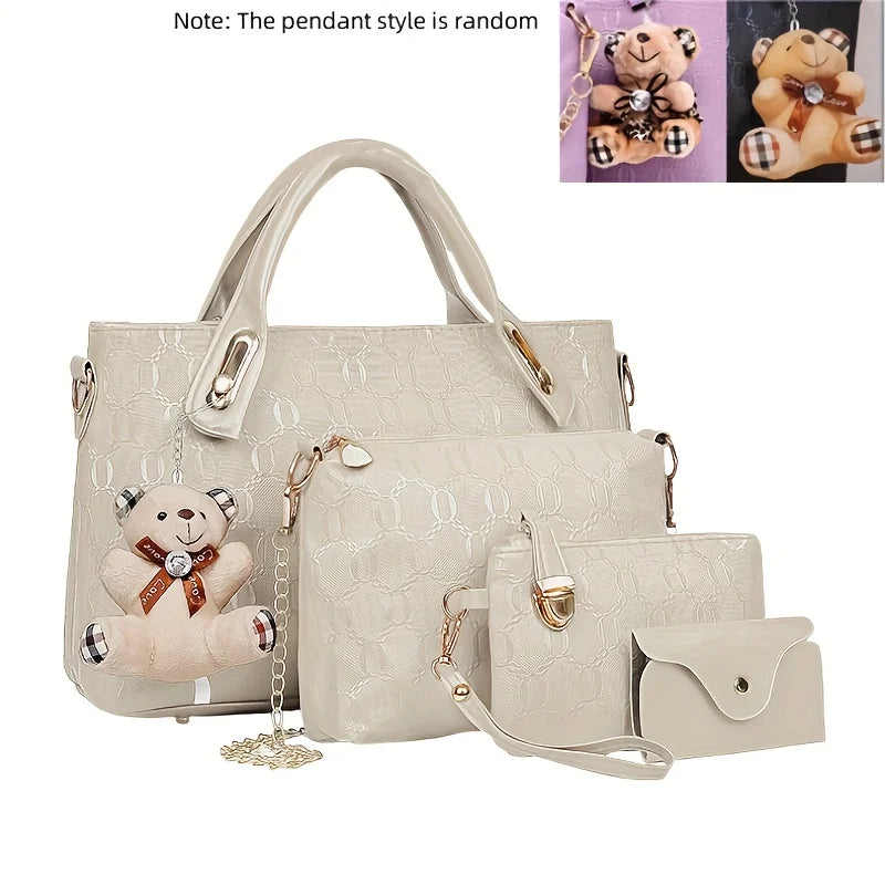 Embossed PU Leather Tote Bag Set with Crossbody Purse and Wallet