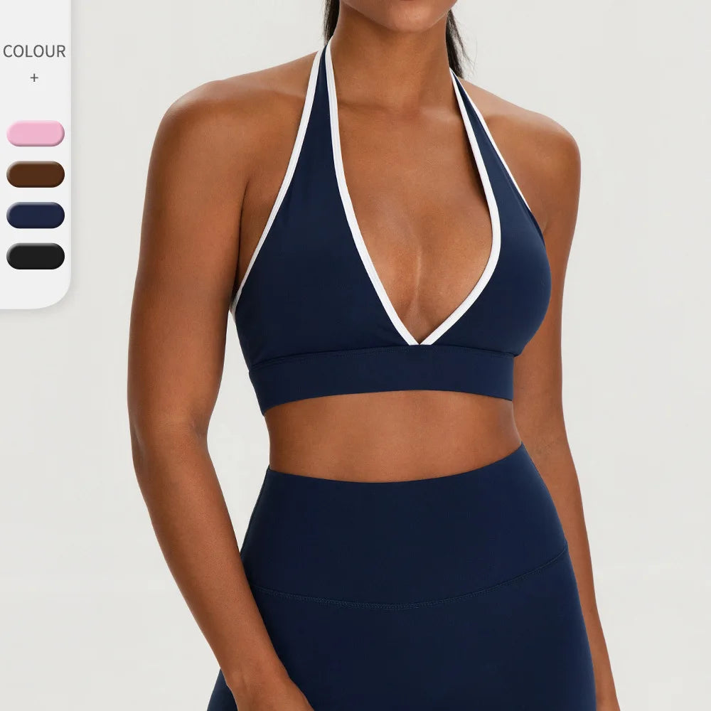 Color-Blocking Deep-V Halter Sports Bra with Contrast Binding