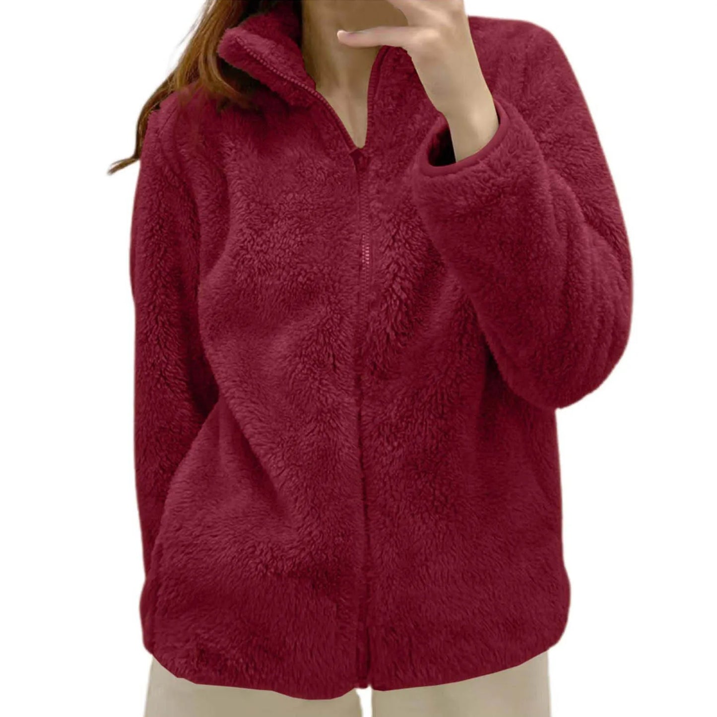 Women's Plush Polar Fleece Zip Jacket with Relaxed Streetwear Layering Fit