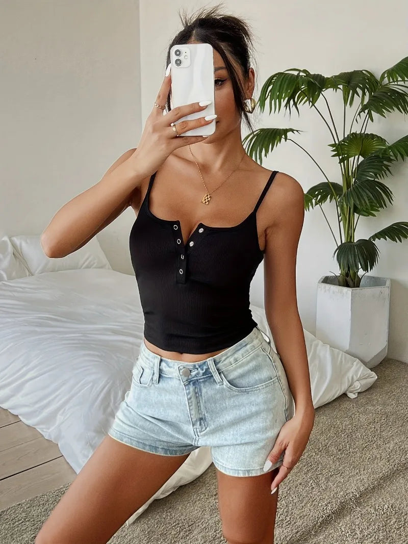 Button Front Corset Crop Top with Spaghetti Straps Slim Streetwear Fit