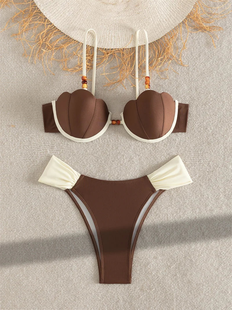 Structured Brown Seashell Underwire Bikini with Contrast White Detailing
