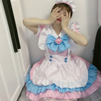 Pastel Tri-Color Lolita Maid Dress with Tiered Ruffles and Purple Bow Accent