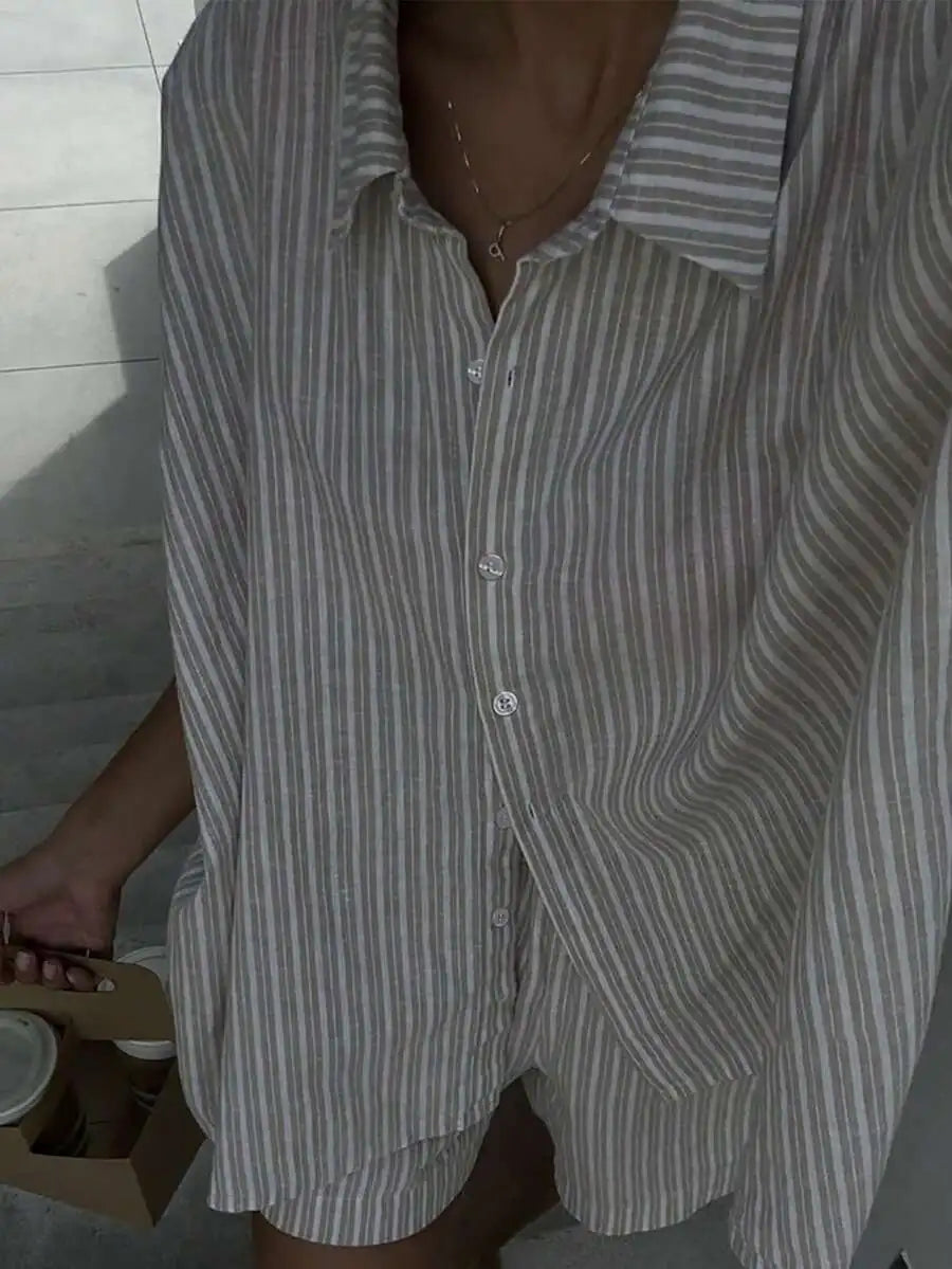 Striped Button Front Shirt and Shorts Summer Co-Ord Set for Women