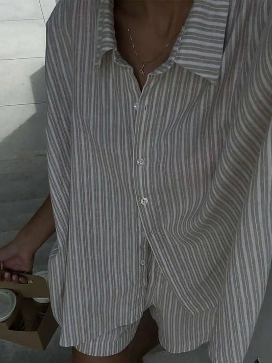 Striped Button Front Shirt and Shorts Summer Co-Ord Set for Women