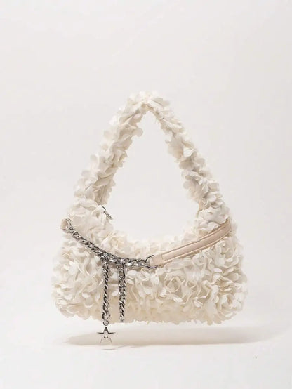 Faux Fur Hobo Shoulder Bag with Chain Detail Y2K Inspired Styling