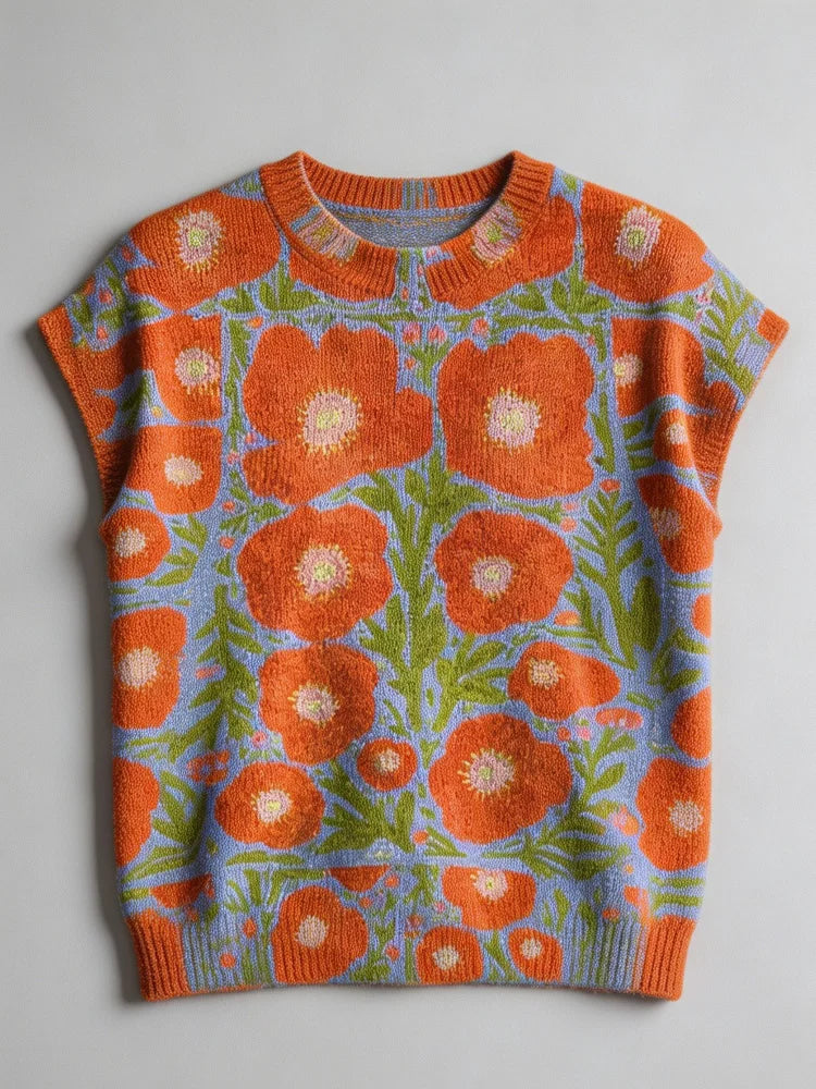 Women's Retro Floral Jacquard Knit Top with Relaxed Short Sleeve Silhouette