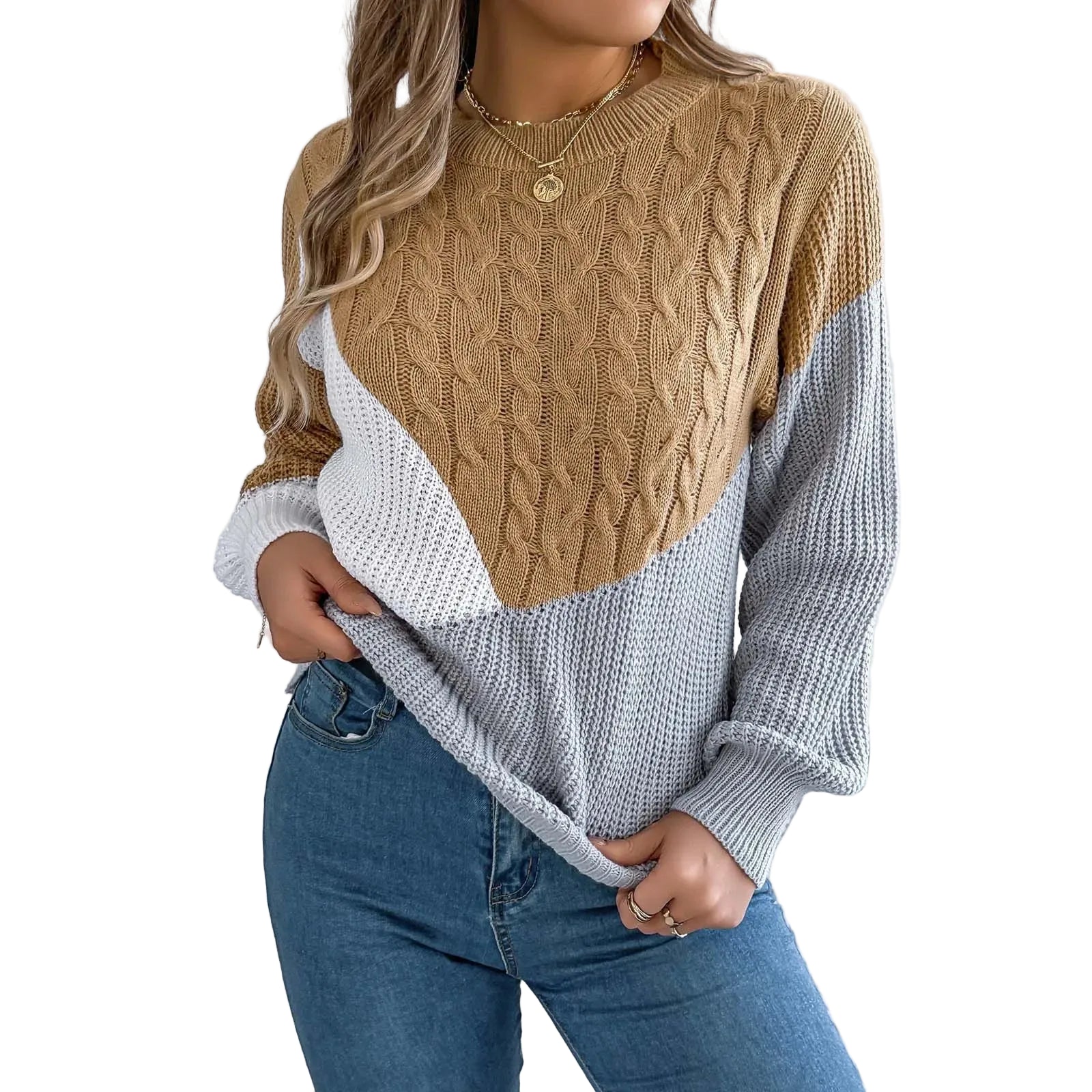 Women's Color Block Cable Knit Relaxed Fit Contemporary Sweater Pullover