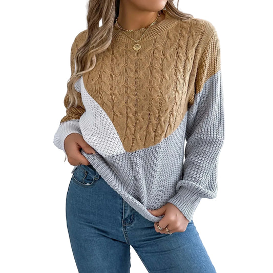 Women's Color Block Cable Knit Relaxed Fit Contemporary Sweater Pullover