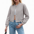 Women's Cropped Button Front Bomber Jacket Relaxed Casual Streetwear Layering Outerwear