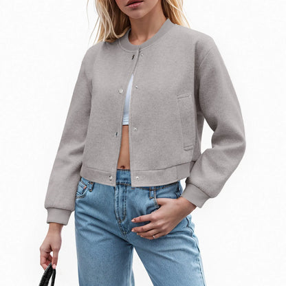 Women's Cropped Button Front Bomber Jacket Relaxed Casual Streetwear Layering Outerwear