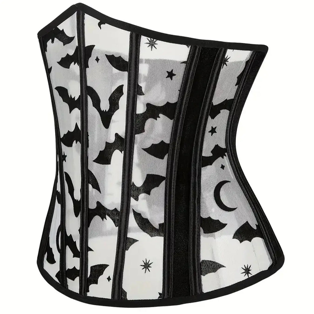 Sheer Mesh Corset Waist Cincher with Floral Appliqué and Structured Boning