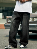 Men's Loose Fit Wide Leg Cotton Denim Jeans with Vintage Light Wash Streetwear Style