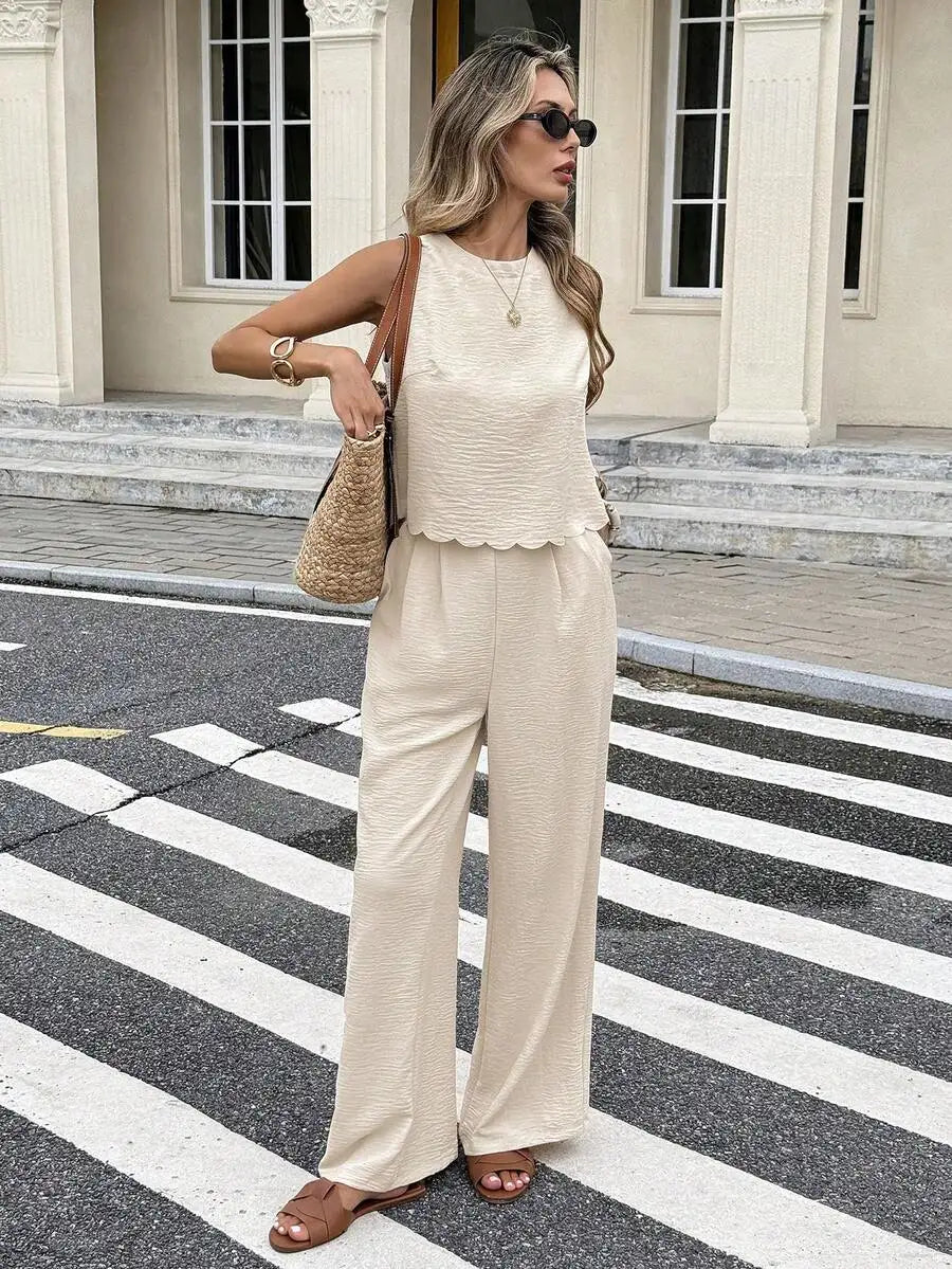 Sleeveless Linen Blend Top and Wide Leg Pants Summer Co-Ord Set