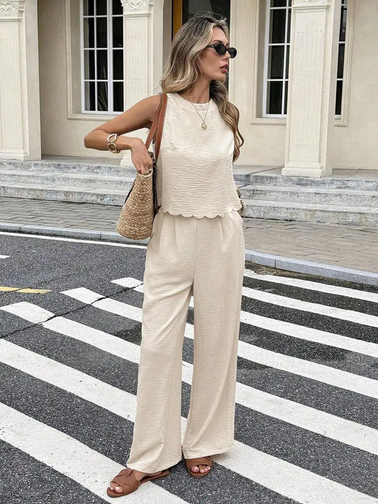 Sleeveless Linen Blend Top and Wide Leg Pants Summer Co-Ord Set