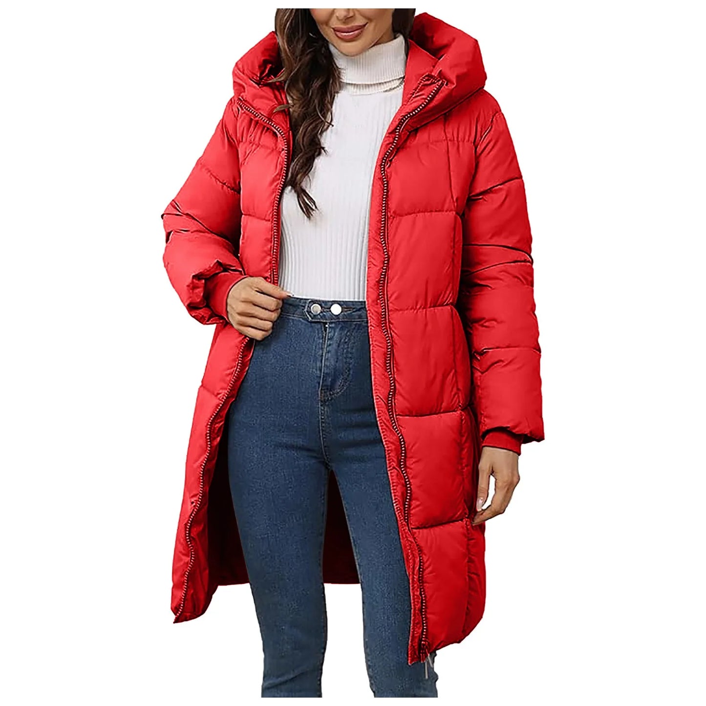 Women's Long Hooded Quilted Puffer Coat Warm Casual Winter Zip-Up Outerwear