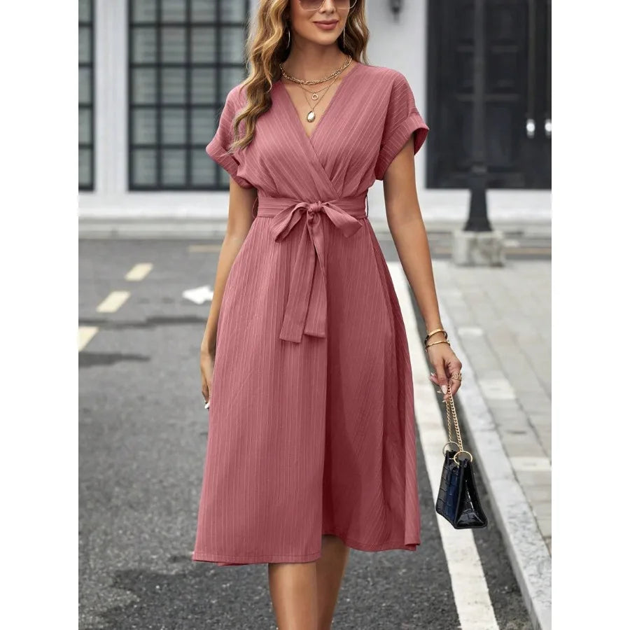 Dusty Rose Wrap-Style Midi Dress with Short Sleeves and Tie Waist
