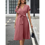 Dusty Rose Wrap-Style Midi Dress with Short Sleeves and Tie Waist