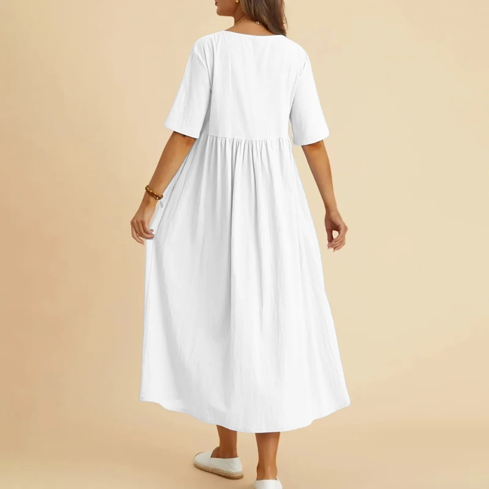 Relaxed A-Line Midi Dress with Short Sleeves and Flowy Everyday Fit