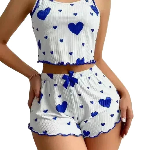 Sweetheart Print Two-Piece Cropped Camisole and Shorts Sleepwear Set with Lettuce Trim